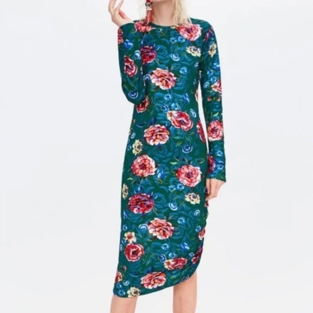 NWT Zara Floral Green Midi Dress